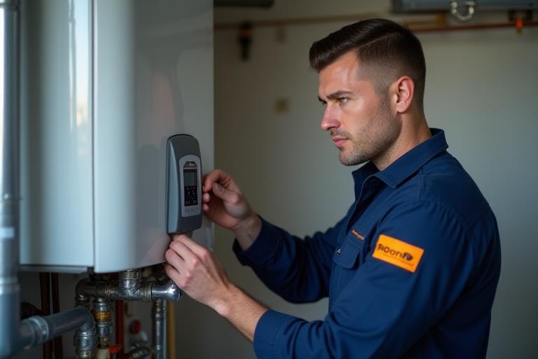 A skilled Pompa Plumbing technician confidently inspecting a water heater system, showcasing professionalism and attention to detail during a service call.