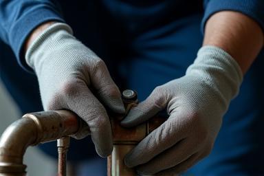 Image of a skilled plumber quickly and efficiently fixing a leaking pipe, representing prompt and reliable emergency service.