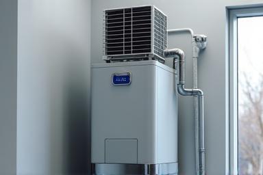 Image of a robust hybrid water heater unit, combining traditional tank technology with efficient heat pump functionality.