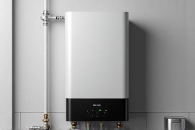Image of a sleek, modern tankless water heater unit mounted cleanly on a wall.